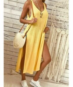summer women’s solid color split sleeveless v-neck loose casual party bohemian dress holiday beach sundress