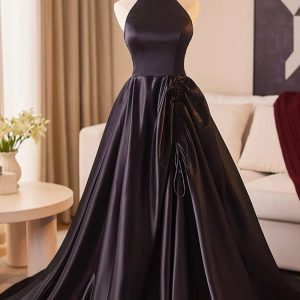 Black Halter Satin Long Prom Dress, Elegant A-Line Backless Party Dress