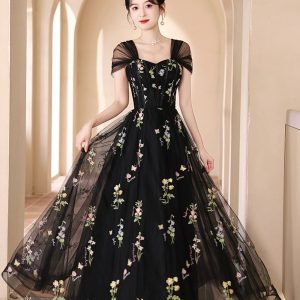 Black Tulle Lace Long Prom Dress, Black A-Line Off the Shoulder Evening Party Dress